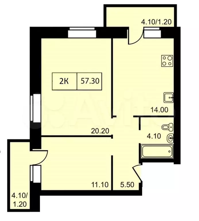 2-к. квартира, 57,3 м, 7/9 эт. - Фото 1