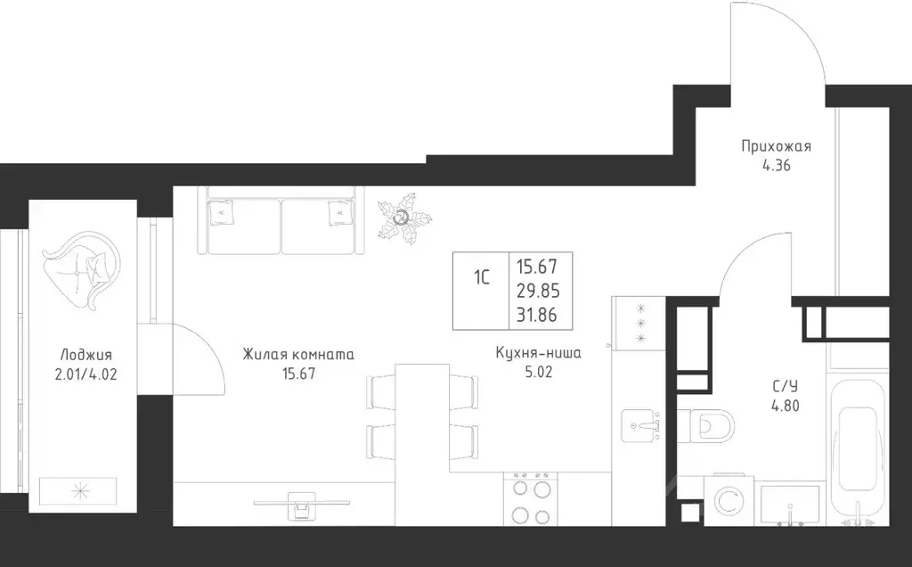 Студия Татарстан, Казань Седьмое Небо жилрайон,  (31.86 м) - Фото 1