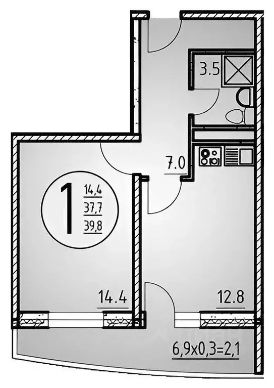 1-к кв. Ростовская область, Ростов-на-Дону ул. Нансена, 103/1/4 (41.0 ... - Фото 2