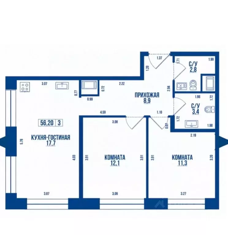 2-к кв. Санкт-Петербург просп. Крузенштерна, 13 (56.2 м) - Фото 2