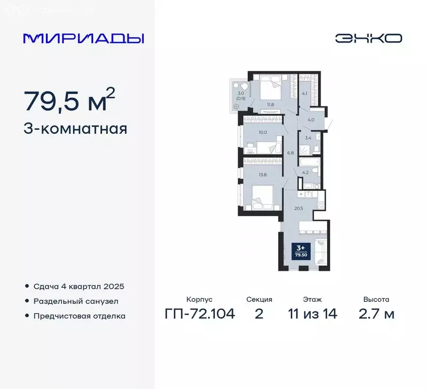 3-комнатная квартира: Тюмень, жилой комплекс Мириады (79.5 м) - Фото 0