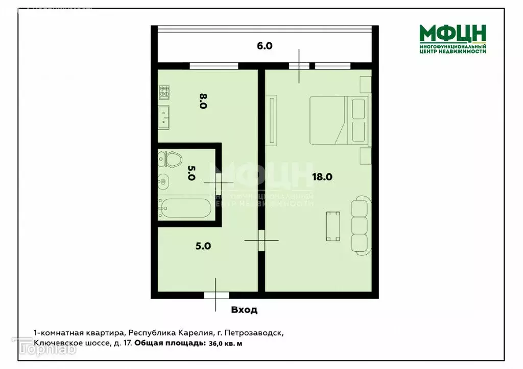 1-комнатная квартира: Петрозаводск, Ключевское шоссе, 17 (36 м) - Фото 0