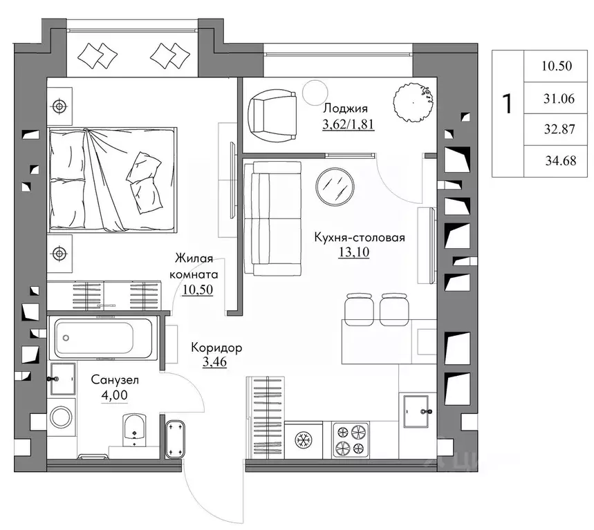 1-к кв. Калужская область, Калуга Жилыеы Острова кв-л,  (34.68 м) - Фото 1
