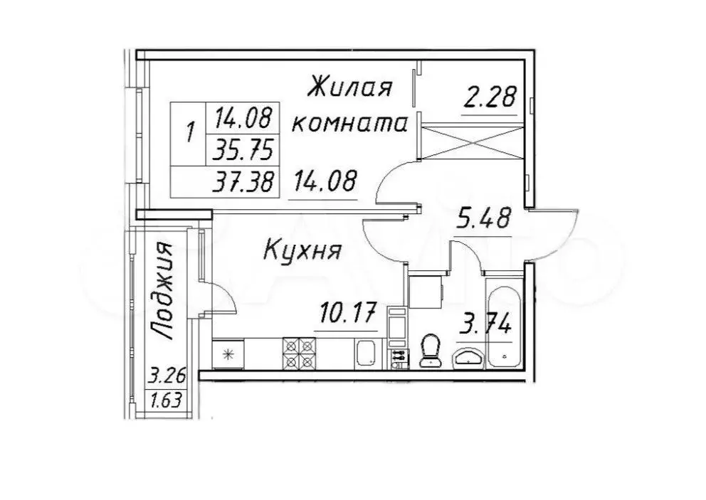 1-к. квартира, 37,4 м, 6/12 эт. - Фото 0