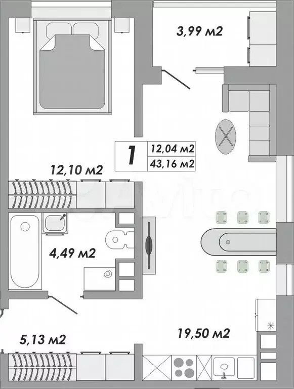 1-к. квартира, 43,2 м, 6/9 эт. - Фото 0