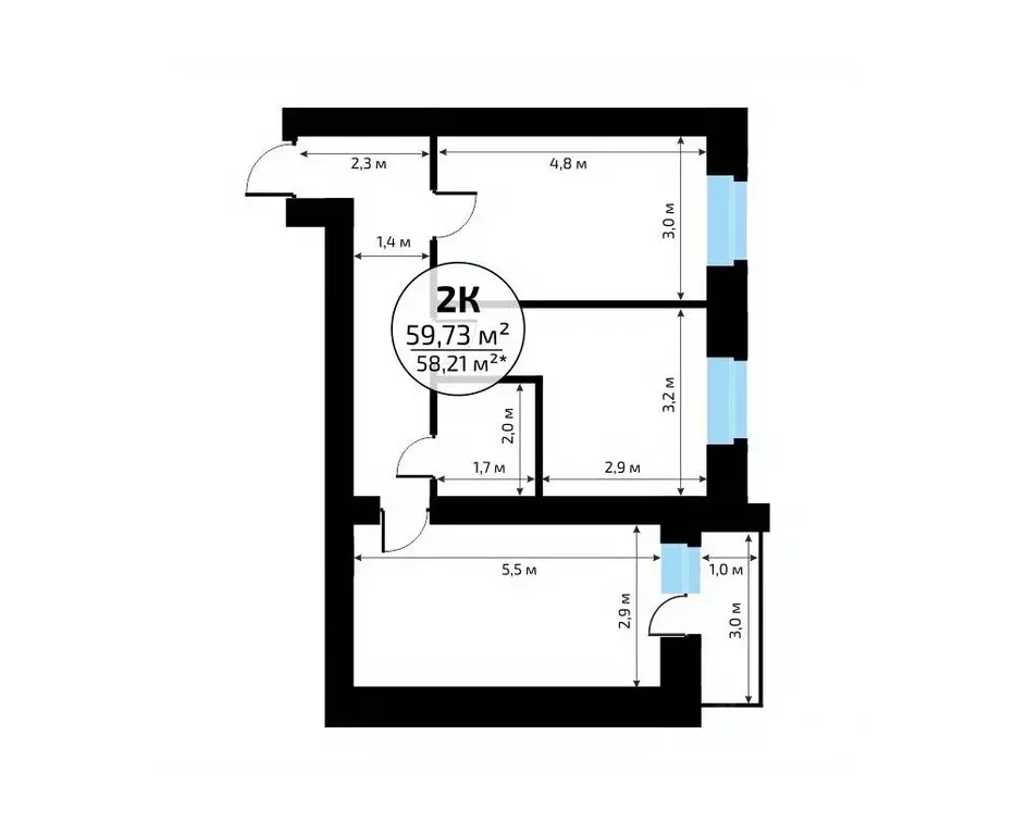 2-к кв. Самарская область, Самара пос. Мехзавод, 1-й кв-л, 50 (59.73 ... - Фото 2