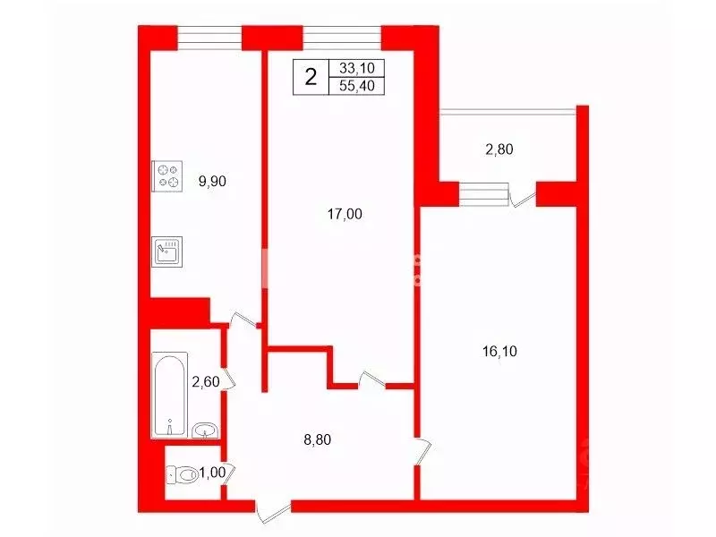 2-к кв. Санкт-Петербург ул. Бадаева, 7 (55.4 м) - Фото 2
