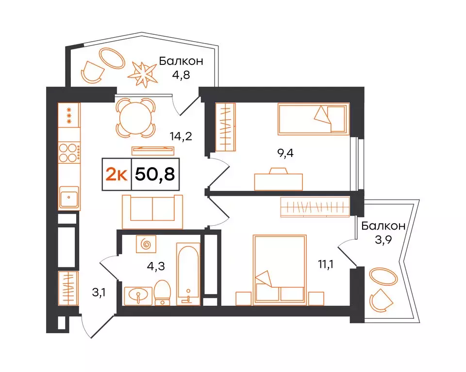 2-комнатная квартира: Екатеринбург, улица Патриса Лумумбы, 54 (50.8 м) - Фото 1