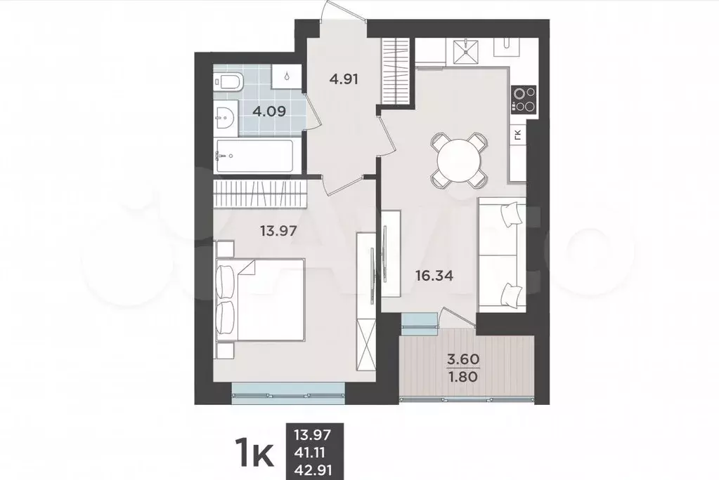 1-к. квартира, 41,1 м, 6/9 эт. - Фото 1