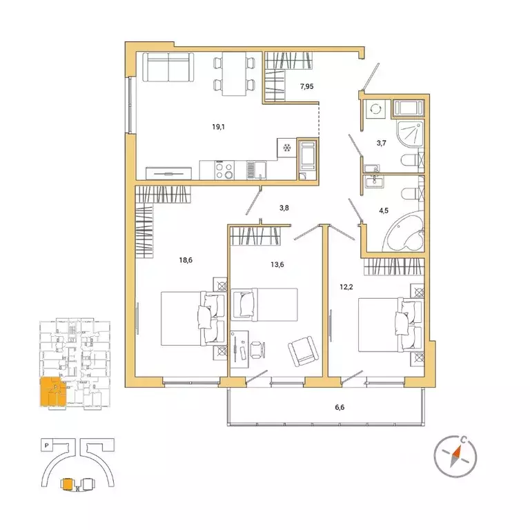 3-к кв. Санкт-Петербург наб. Реки Каменки, 11к1 (85.43 м) - Фото 0