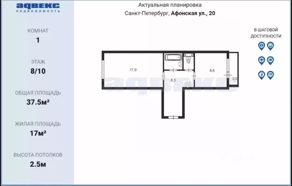 1-к кв. Санкт-Петербург Афонская ул., 20 (37.5 м) - Фото 0