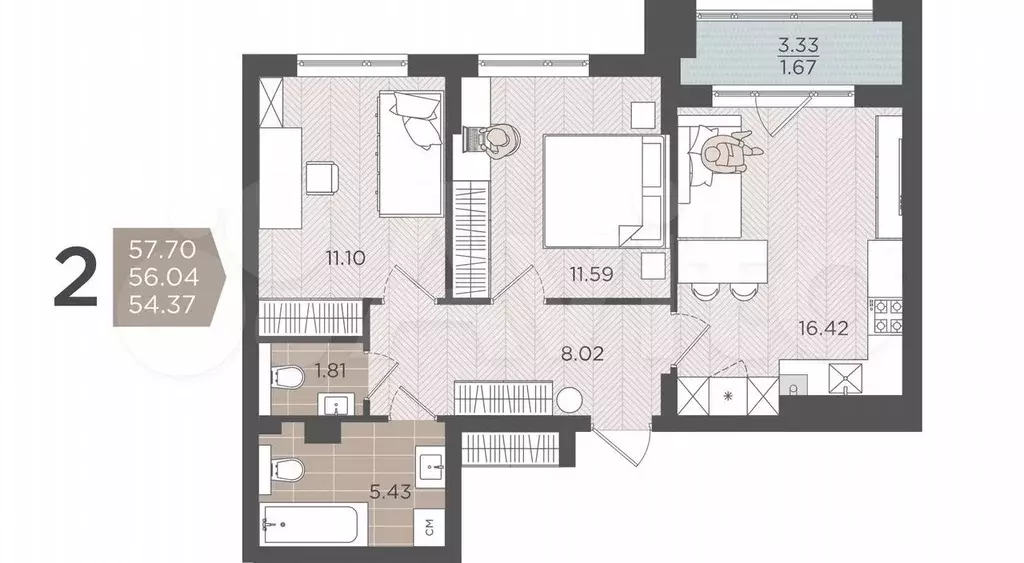 2-к. квартира, 56 м, 1/9 эт. - Фото 1