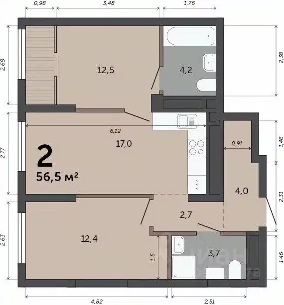 2-к кв. Свердловская область, Екатеринбург пер. Сосновый (56.5 м) - Фото 1