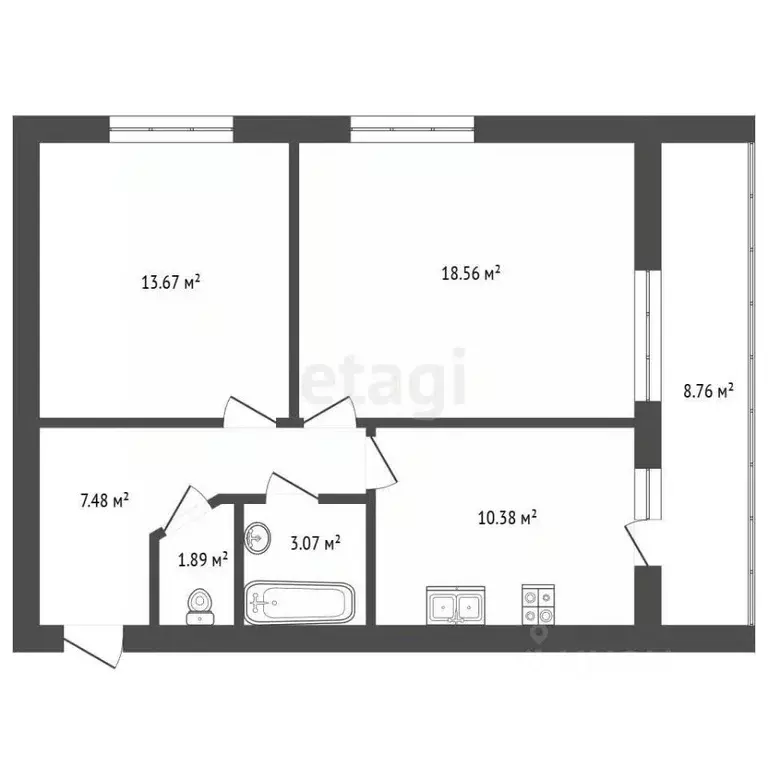2-к кв. Калужская область, Калуга ул. Минская, 39 (55.3 м) - Фото 2