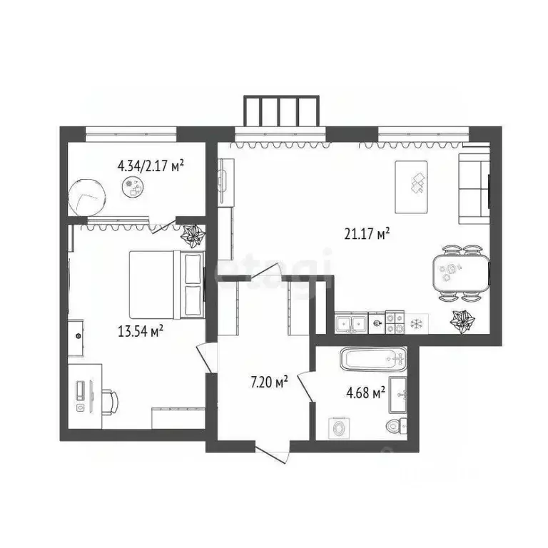 1-к кв. Тюменская область, Тюмень ул. Пожарных и Спасателей, 1к1 (46.1 ... - Фото 2