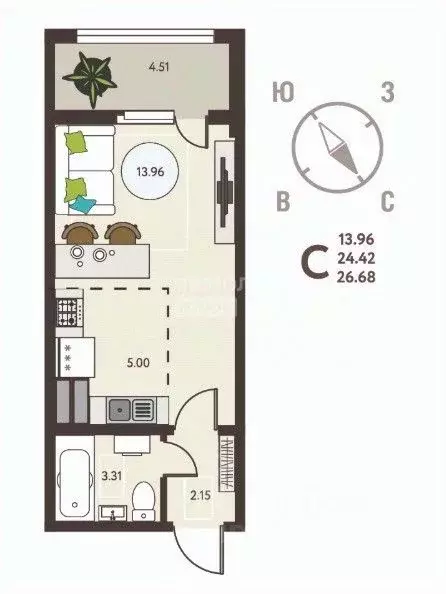 Студия Липецкая область, Липецк ул. Механизаторов, 15 (26.68 м) - Фото 1