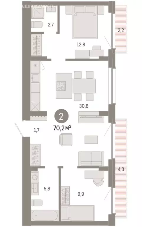 2-комнатная квартира: Новосибирский район, рабочий посёлок Краснообск, ... - Фото 2