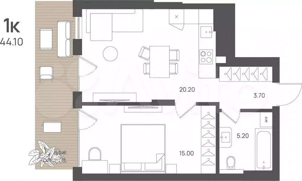 1-к. квартира, 44,1 м, 1/4 эт. - Фото 1