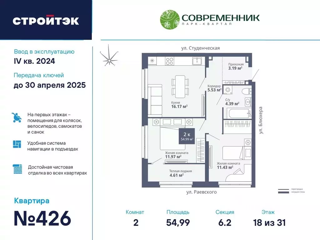 2-к кв. Свердловская область, Екатеринбург ул. Раевского, 18/4 (54.99 .,  Купить квартиру от застройщика в Екатеринбурге, ID объекта - 30072348367