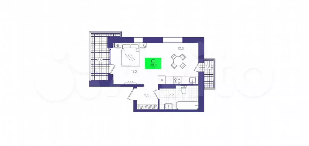 Квартира-студия, 30,7 м, 8/8 эт. - Фото 1