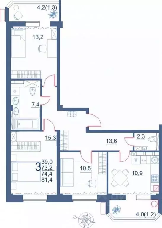 3-к кв. Ставропольский край, Ессентуки ул. Шмидта, 100 (81.4 м) - Фото 2