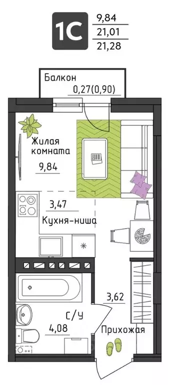 Студия Пермский край, Пермь Верхне-Вишерская ул., 40 (21.28 м) - Фото 1