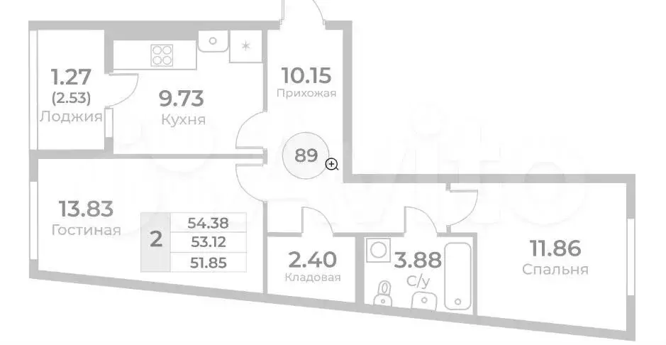 2-к. квартира, 53,1 м, 3/9 эт. - Фото 1