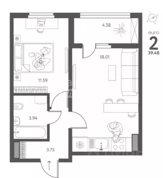 2-к кв. Липецкая область, Липецк Инстеп. Перова жилой комплекс (39.48 ... - Фото 2