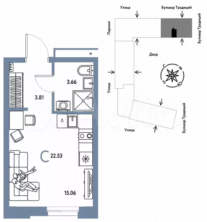 Квартира-студия, 22,5 м, 5/15 эт. - Фото 0