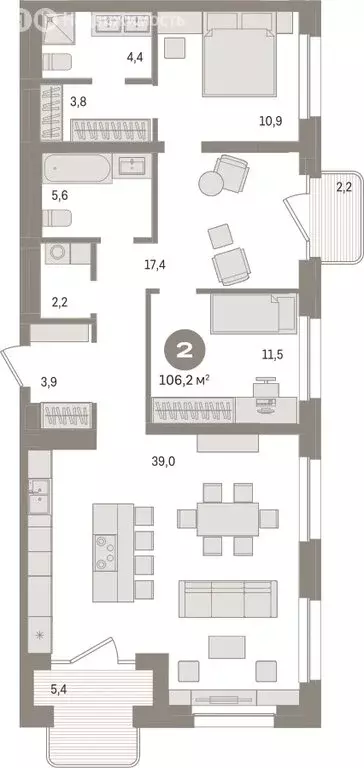 2-комнатная квартира: Новосибирск, Зыряновская улица, 53с (106.24 м) - Фото 1