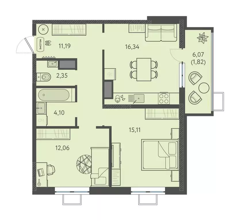 2-комнатная квартира: Краснодар, ЖК Тёплые Края (62.97 м) - Фото 1