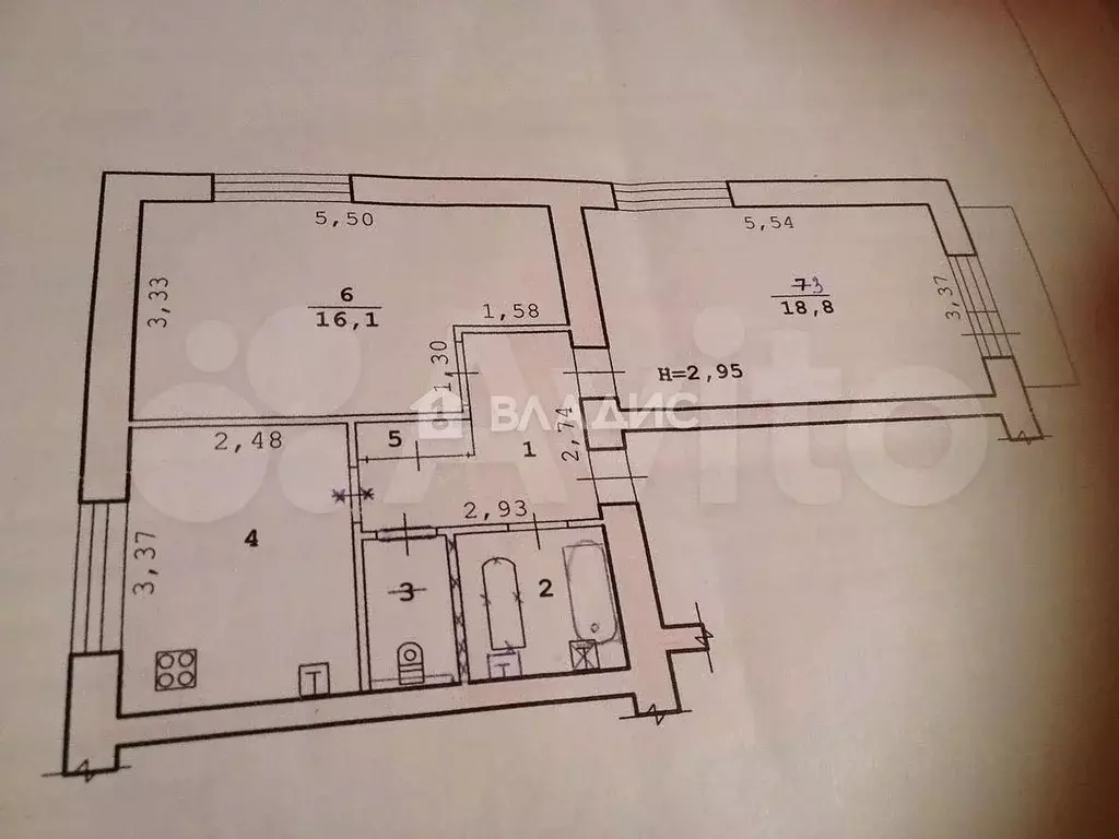 2-к. квартира, 55,8 м, 5/5 эт. - Фото 0