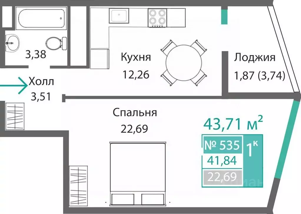 1-к кв. Крым, Симферополь Крымская роза мкр,  (43.71 м) - Фото 0