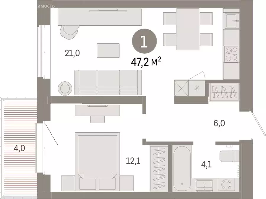 1-комнатная квартира: Тюмень, жилой комплекс На Минской (47.18 м) - Фото 1