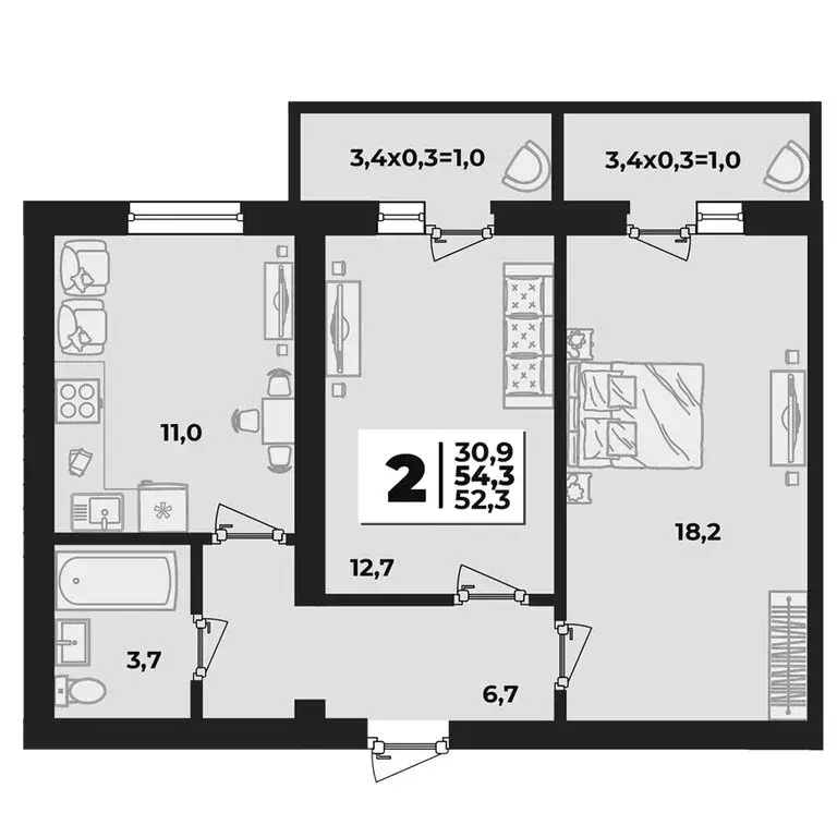 2-комнатная квартира: аул Новая Адыгея, ЖК Дарград (54.3 м) - Фото 1
