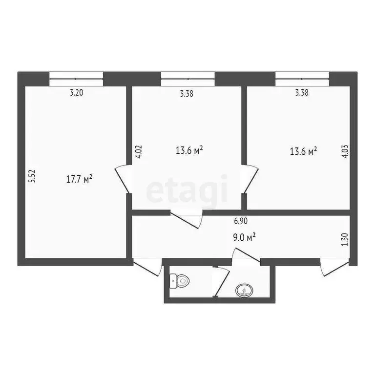 3к в -комнатной квартире (45.1 м) - Фото 1