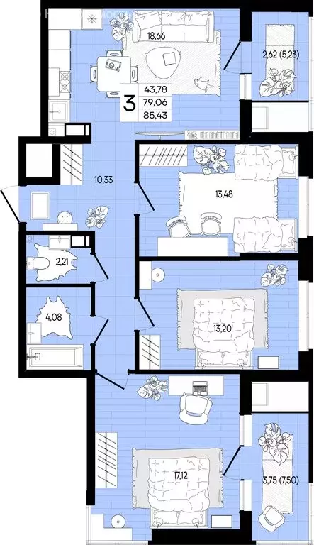 3-комнатная квартира: Краснодар (85.43 м) - Фото 0