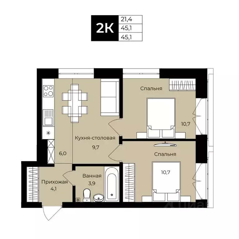 2-к кв. Башкортостан, Уфа ул. Ленина, 192 (45.0 м) - Фото 1
