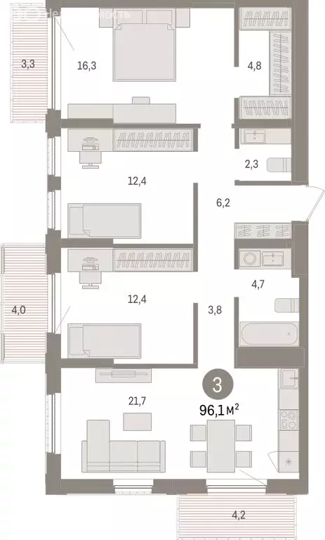 3-комнатная квартира: Липецк, площадь Петра Великого, 1 (96.05 м) - Фото 0