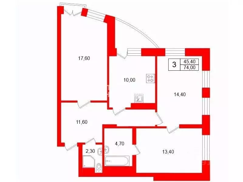Квартира, 3 комнаты, 74 м - Фото 2