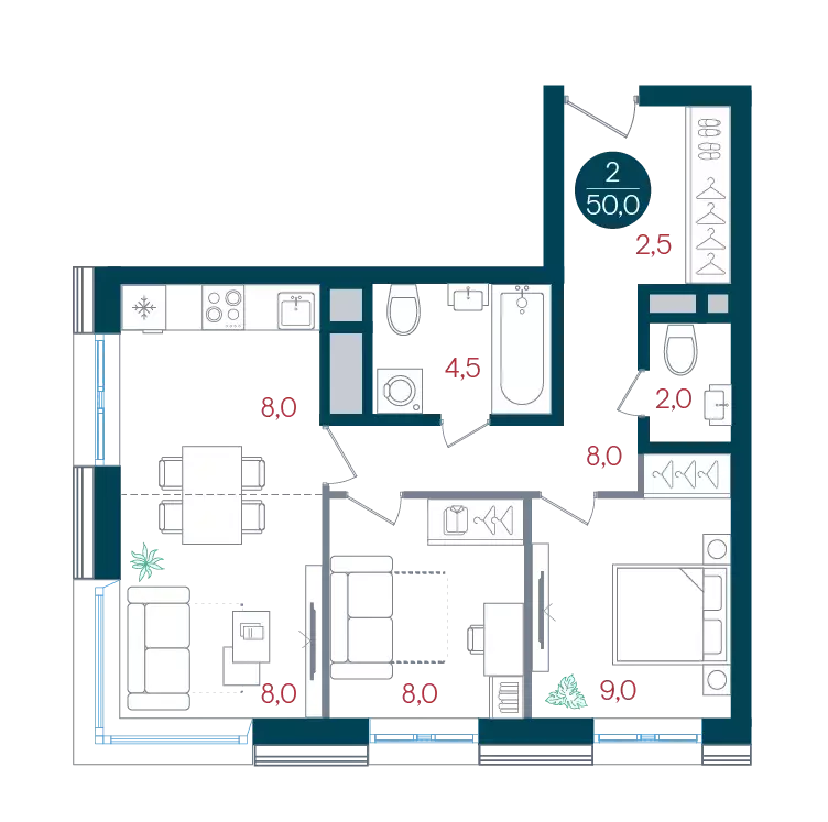2-к квартира, 50 м - Фото 0