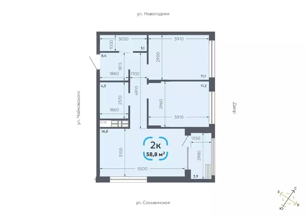 2-к кв. Тюменская область, Тюмень Сосьвинская ул., 31к1 (58.8 м) - Фото 1