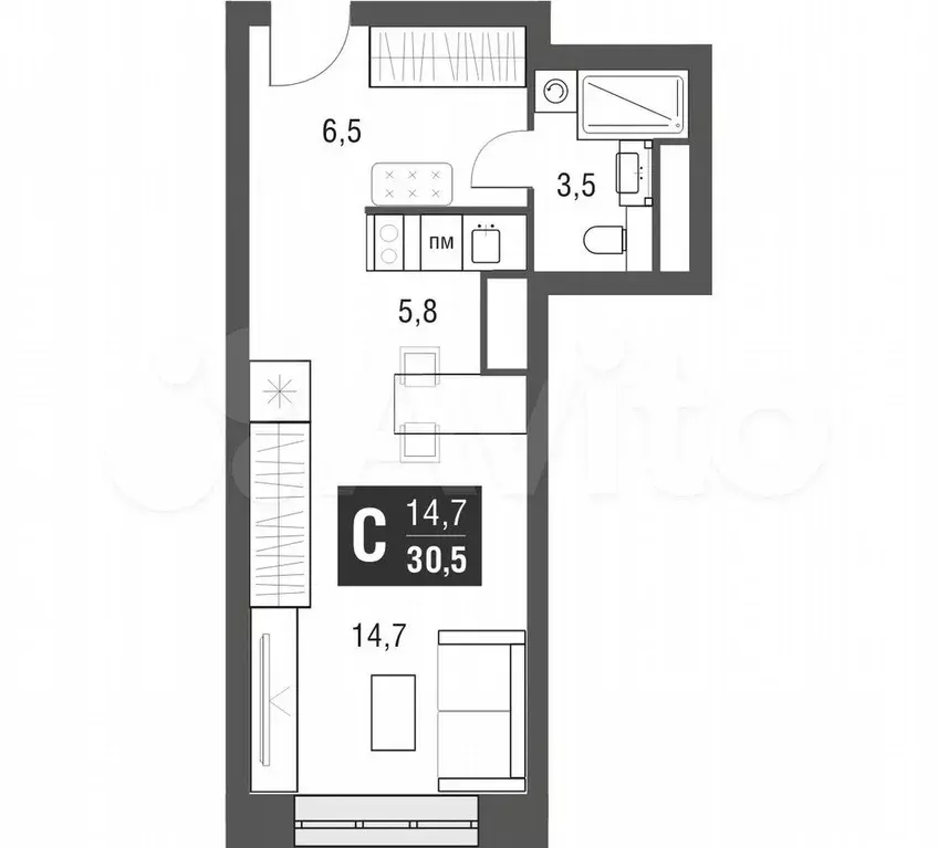 Квартира-студия, 30,2 м, 38/53 эт. - Фото 1