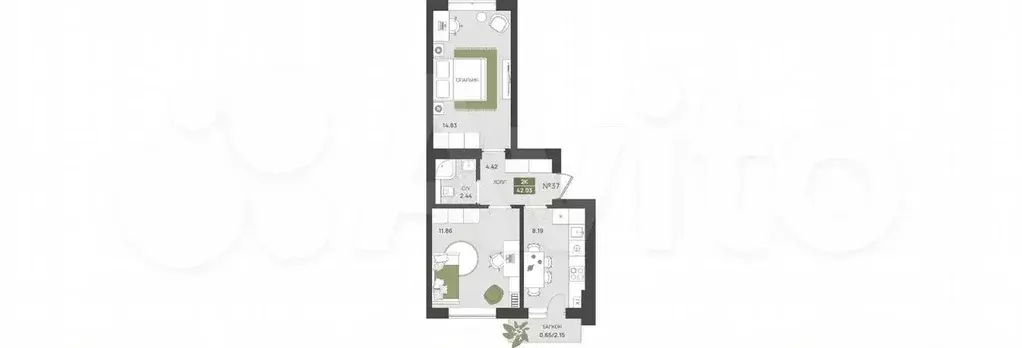 2-к. квартира, 42 м, 5/5 эт. - Фото 1