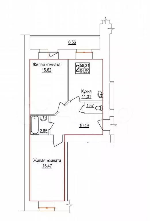 2-к. квартира, 61,6 м, 1/14 эт. - Фото 1