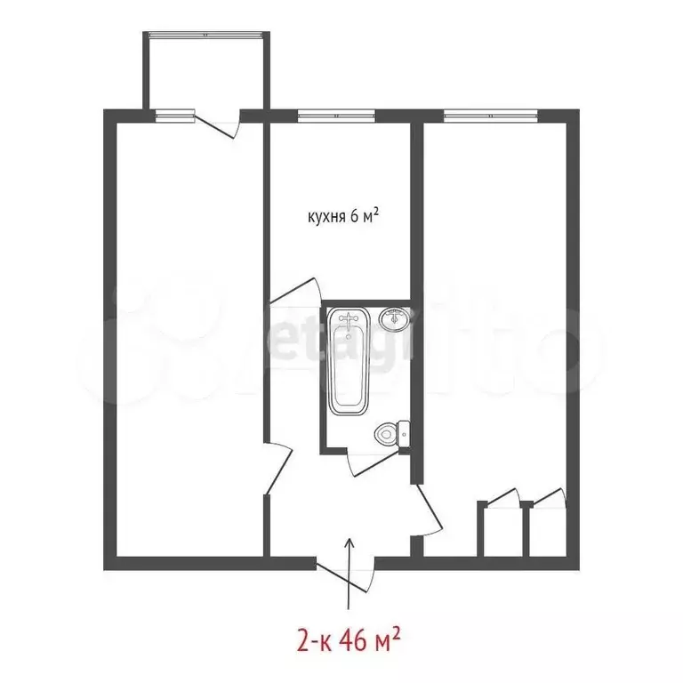 2-к. квартира, 42,7 м, 2/5 эт. - Фото 0