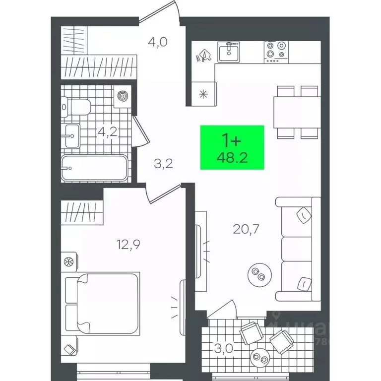 1-к кв. Тюменская область, Тюмень ул. Николая Глебова, 10 (48.29 м) - Фото 0