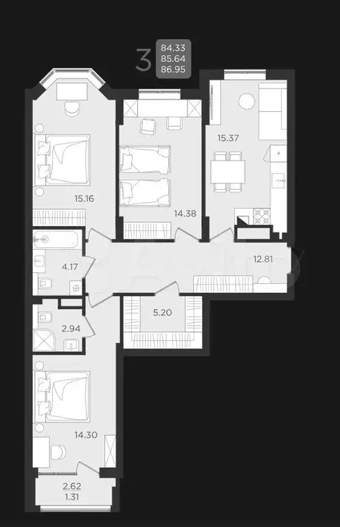 3-к. квартира, 85,7 м, 5/9 эт. - Фото 1