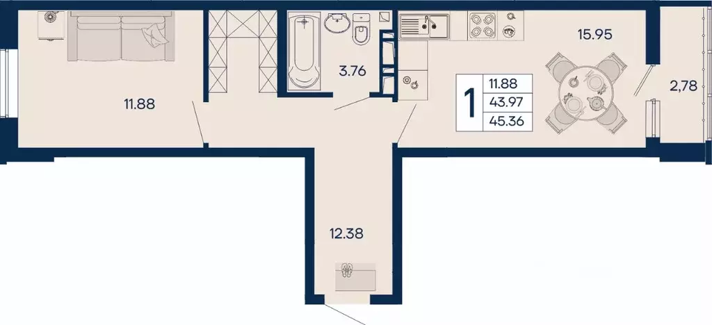 1-к кв. Краснодарский край, Краснодар  (45.36 м) - Фото 1