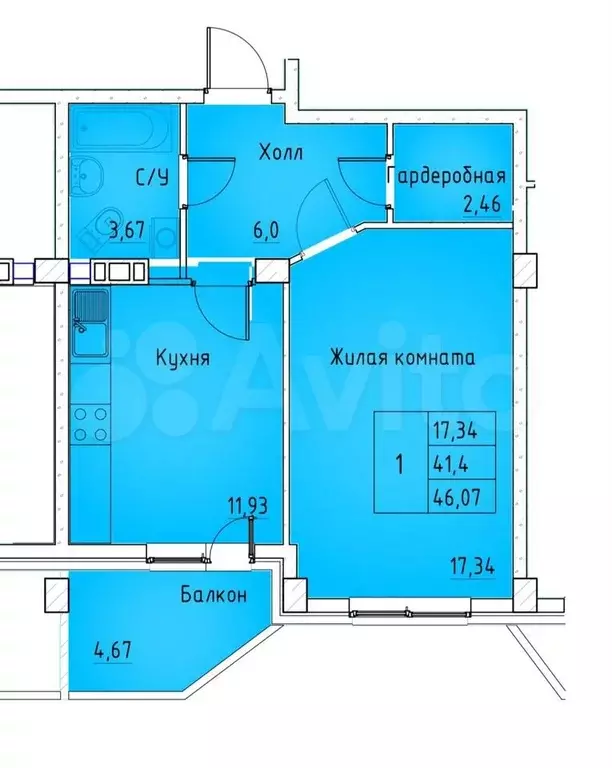 1-к. квартира, 46 м, 3/9 эт. - Фото 0